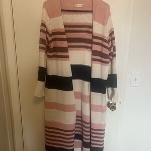 Altar'd State Pink, Black & Cream Striped Open Cardigan
